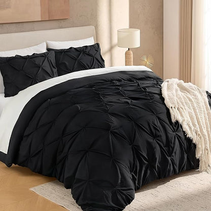 Andency Black Pinch Pleat Comforter Twin(66x90Inch), 2 Pieces(1 Pintuck Comforter, 1 Pillowcase) Pintuck Comforter Set,Microfiber All Season Down Alternative Comforter Bedding Set