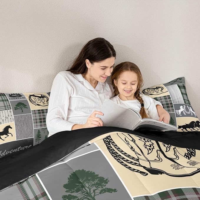 Erosebridal Kids Horse Comforter Set Queen, Western Cowboys Horseshoe Bedding Set Vintage Riding Boots Duvet Insert, Adventure Rustic Farmhouse Animal Quilt Cabin Lodge Bedroom Decor, 2 Pillow Cases