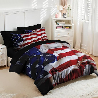 Nesker 7 Pcs Comforter Set King Size, Patriotic American Flag Bedding Set for Kids and Adults, Blue Red and White Federations Stars Bed Sheet Sets with Fitted Sheet 2 Pillowcases & 2 Shams