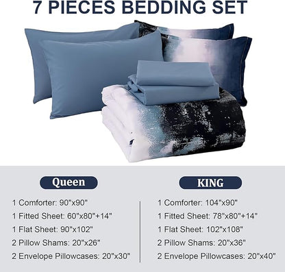 Dinjoy Ombre Blue Comforter Set King Size Gradient Navy Blue Black Boho Bedding Set for Teen Men Women 7 Pieces Bed in A Bag Bohemian Bed Set with Comforter, Sheets, Pillowcases & Shams