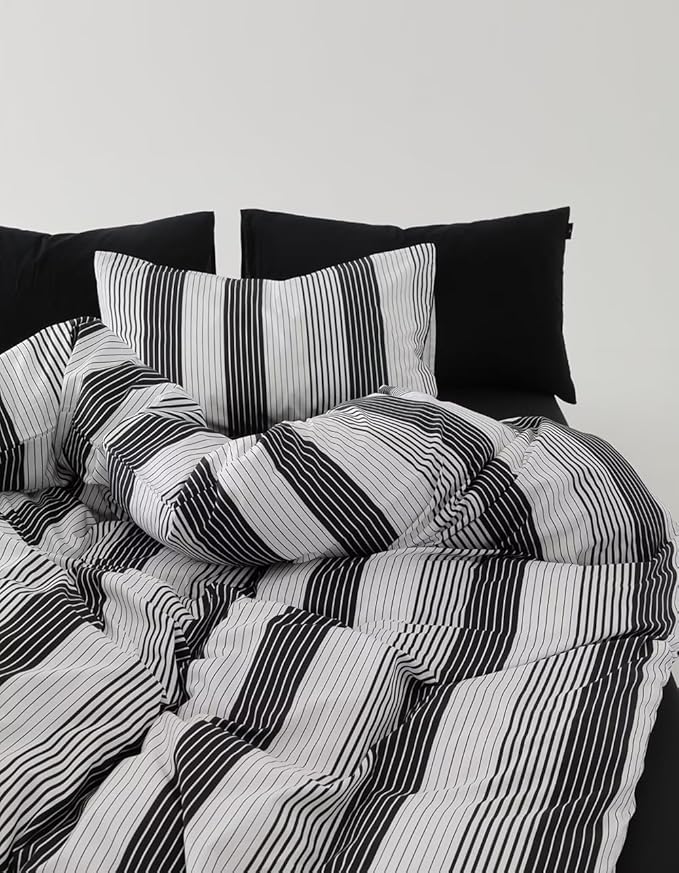 CLOTHKNOW Striped California King Comforter Sets 3Pcs Black and White Bedding Comforter Sets Cotton Comforter All Season Farmhosue Comforter with 2 Pillowcases