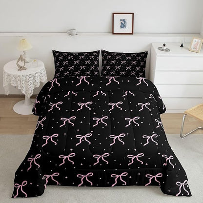 Erosebridal Girls Pink Bow Comforter Set Toddler Size Black Pink Coquette Bedding Set for Teen Girls Kids Women Bedroom Cute Girly Bows Comforter Preppy Ribbon Bowknot Quilt Duvet