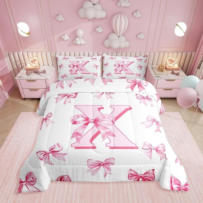 Erosebridal Initial Letter X Bedding Comforter Sets Pink Kawaii Bow Queen Bedding Set for Girls,Dreamy Princess Letter Bowknot Comforter Set for Kids Teen Women Bedroom Decor,Cute Girly Bow Bed Set