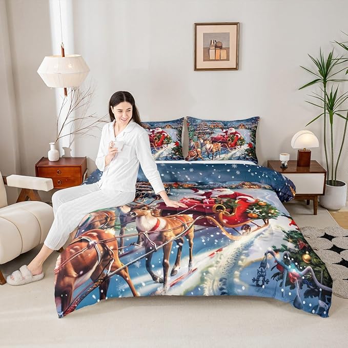 Santa Claus Comforter Set Full Size,Merry Christmas Bedding Set 3Pcs for Kids Girls Boys Teens Room Decor,Elk Deer Sled and Xmas Tree Quilt Set Rustic Farmhouse Duvet Insert,2 Pillowcases