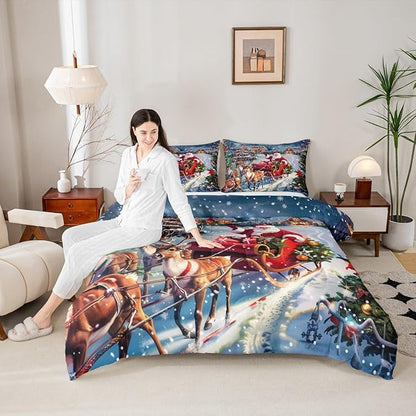 Santa Claus Comforter Set Full Size,Merry Christmas Bedding Set 3Pcs for Kids Girls Boys Teens Room Decor,Elk Deer Sled and Xmas Tree Quilt Set Rustic Farmhouse Duvet Insert,2 Pillowcases
