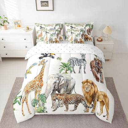 Erosebridal Zoo Animal 7 Piece Bedding Set Twin Size,Lion Tiger Monkey Bed in a Bag,Tropical Palm Trees Bed Set Includes Comforter, Sheet Set, Pillowcases & Pillow Covers All Season Bedroom Decor