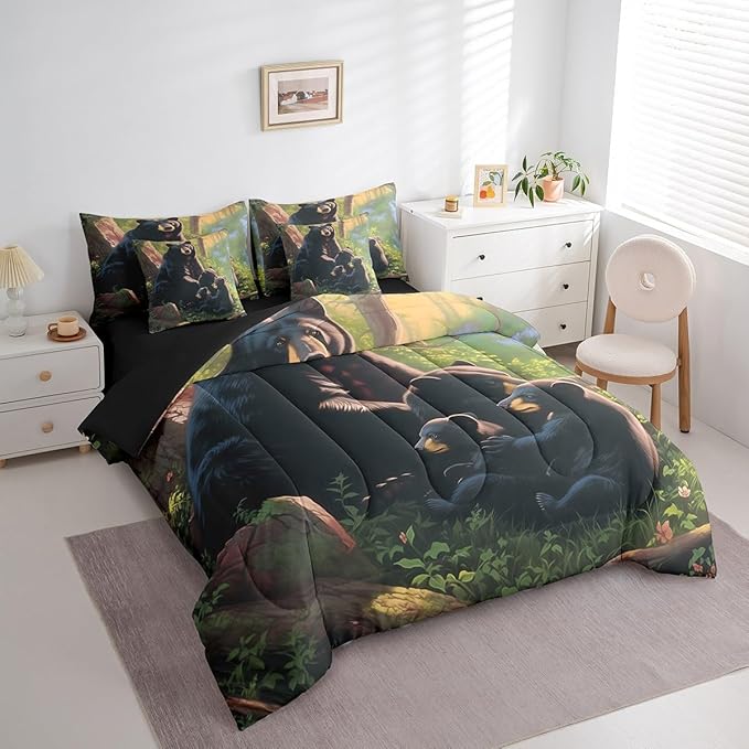 Erosebridal Black Bear King Bedding Set, Wild Animal Bed in A Bag,Bear Decorations for Home Comforter Sets with Sheets, Vintage Rustic Decor 7 Pieces Bed Set Bedroom Decor