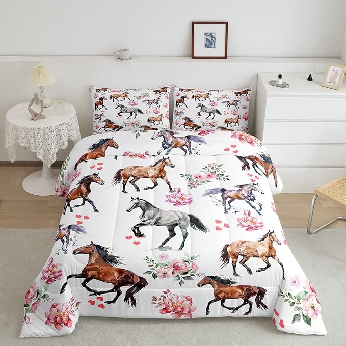 Horse Comforter Set King,Farm Western Cowboy Cowgirls Bedding Set for Kids Boys Girls Teens,Pink Rose Floral Duvet Insert with Cute Lover Heart,Kawaii Horse Down Comforter with 2 Pillowcases