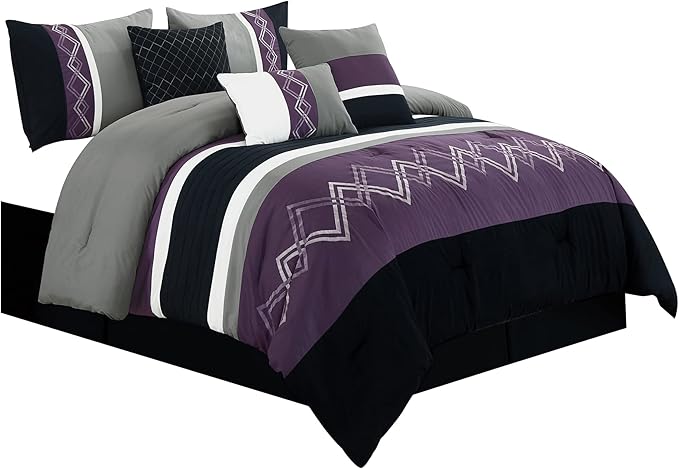 Chezmoi Collection Arden 7-Piece Modern Pleated Stripe Embroidered Zigzag Bedding Comforter Set (California King, Purple/Black/Gray/White)