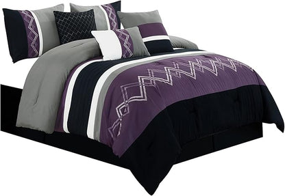 Chezmoi Collection Arden 7-Piece Modern Pleated Stripe Embroidered Zigzag Bedding Comforter Set (Full, Purple/Black/Gray/White)
