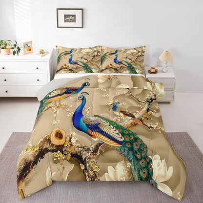 Feelyou Peacock Comforter Peacock with Floral Bedding Set for Kids Adults Girls Animals Comforter Set Botanical Quilt Set 1 Comforter Set with 2 Pillowcases Full Size