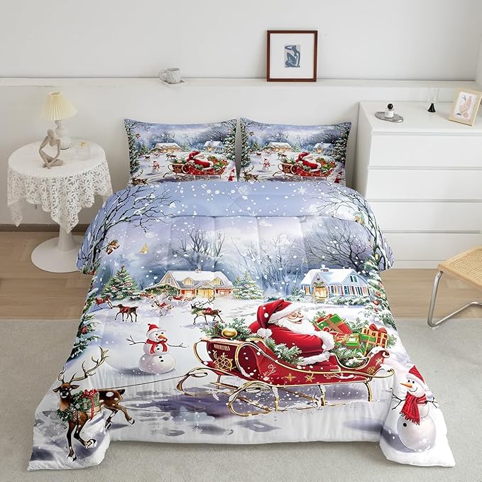 Merry Christmas Kids Comforter Set Full Size,Santa Claus and Elk Sledge Bedding Set 3Pcs,Cute Snowman Xmas Tree Quilt Set Girls Boys Room Decor,Rustic Cabin Winter Duvet Insert,2 Pillowcases