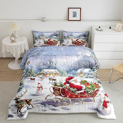 Merry Christmas Kids Comforter Set Queen Size,Santa Claus and Elk Sledge Bedding Set 3Pcs,Cute Snowman Xmas Tree Quilt Set Girls Boys Room Decor,Rustic Cabin Winter Duvet Insert,2 Pillowcases