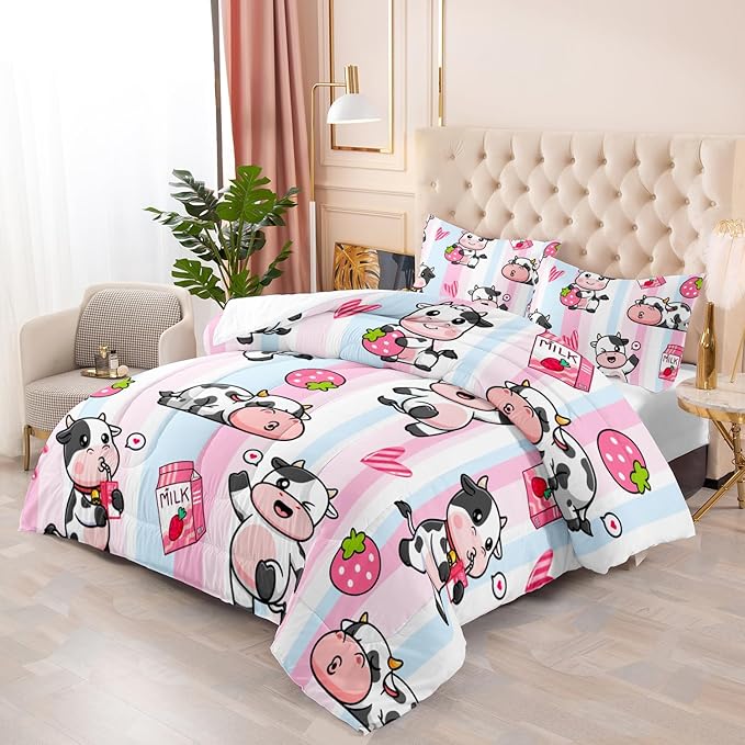 Funny Comforter Set for Girls Full Size,3-Piece Bed in a Bag,Colorful Stripe Bedding Set,Strawberry Kawaii Cow Quilts Set Lightweight Soft Microfiber Warm Down Alternative All Season With 2 Pillowcase