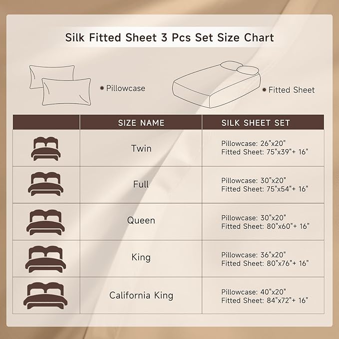 THXSILK 6A+ Top Grade 100% Pure Mulberry Silk Cal. King Fitted Sheet 3Pcs Set Bed Sheets Luxury Bedding for Hair and Skin Soft Breathable Cooling, 1 Fitted Sheet with 2 Pillowcases, Taupe