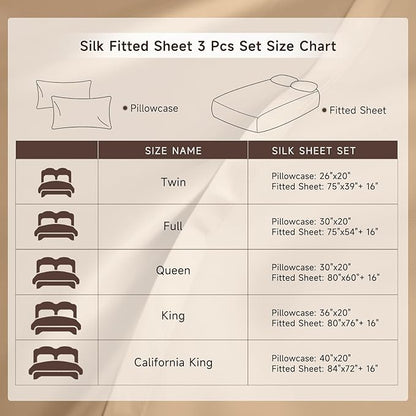 THXSILK 6A+ Top Grade 100% Pure Mulberry Silk Cal. King Fitted Sheet 3Pcs Set Bed Sheets Luxury Bedding for Hair and Skin Soft Breathable Cooling, 1 Fitted Sheet with 2 Pillowcases, Taupe