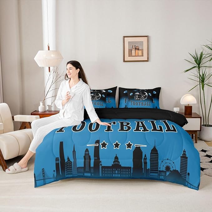 Erosebridal American Soccer 7 Piece Bedding Set Football City King Comforter Set with Sheets for Kids Boys Teen,Rugby Sports Games Bed in A Bag Black Blue Sheet Set with Comforter
