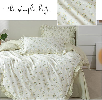 HighBuy Floral Comforter Set Queen Lace Edge Green Flower Bedding Comforters with 2 Lace Ruffle Pillow Shams Coquette Cottagecore Comforter Sets Stripes Bedding Set 3 PCs for Girls Women