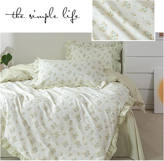 HighBuy Garden Flower Comforter Set Full Green Floral Bedding Comforter Set Stripes Farmhouse Bedding Set 1 Lace Ruffle Comforter and 2 Lace Pillowcases Romantic Comforter Sets for Girls Women