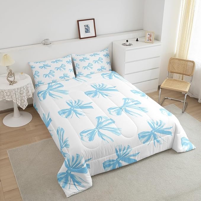 Erosebridal Bow Bedding Set Queen Size,Blue Bowknot Comforter Set Bow Tie Bedding Comforter Sets for Kids Teen Adults Bedroom Decor,Watercolor Bowknot Blue White Duvet Insert