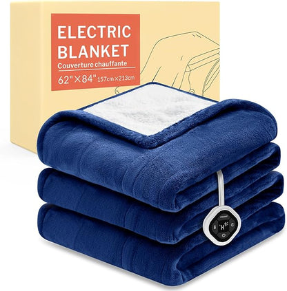 HOMLYNS LuxeHeat Heated Blanket Electric Blanket Twin Size, Soft Flannel Sherpa Heating Blanket with 10 Heat Settings, 1-10 hrs Timer Auto Shut Off (62x84 inches, Navy)