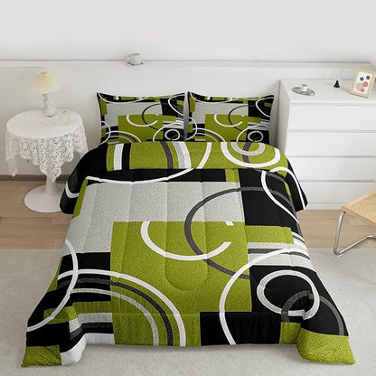 Circles Swirls Comforter Set Full For Bedroom Decor Green Yellow Beddings Geometric Square Gromment Quilt Black Gray Patchwork Duvet Insert Modern Graphic Texture Down Comforter With 2 Pillowcases