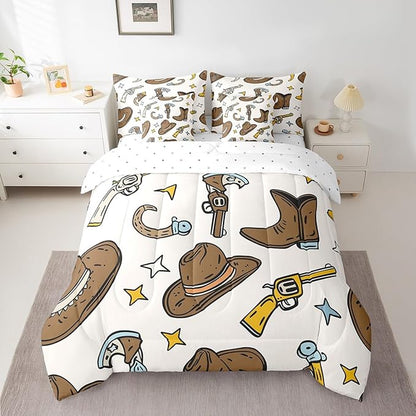 Erosebridal Cowboy Hat Men Comforter Set 7 Piece Bed in a Bag Twin,Cowboy Boots Bedding Sets Hunting Western Decor Sheet Set with Comforter