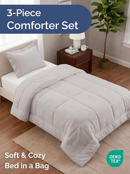 Twin XL Comforter Set - 2 Piece Bed Set for All Seasons - 1 Soft Quilted Comforter w/ Corner Tabs & 1 Pillow Sham - Comfy & Breathable - Premium Down Duvet Insert - Oeko-TEX - Twin XL Size, Light Grey