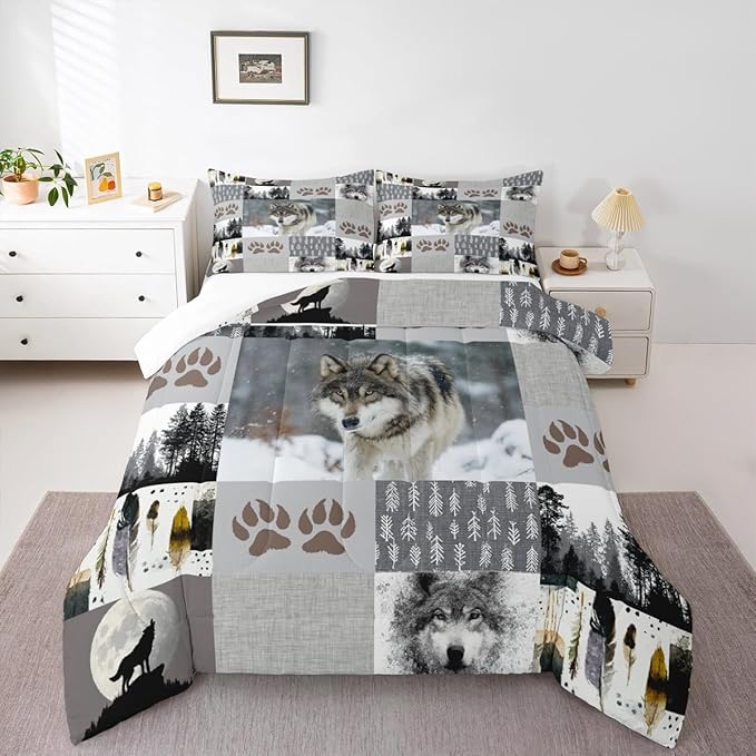 Wolf Kids Comforter Set Queen Size,Wolf Paws Print Pine Trees Wild Adventure Bedding Set,Boys Girls Adults Room Decor,Geometric Plaids Patchwork Down Comforter,Rustic Duvet Insert,2 Pillowcases