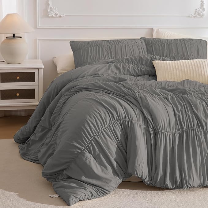 Masaca Grey Oversized King Comforter 120x120,Ruched Ruffle California King Comforter Oversized,Vintage Rustic Gray Shabby Farmhouse Boho Bedding Comforter for All Season