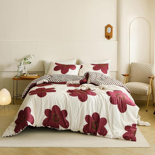 Cottonight Burgundy Sunflower Comforter Set - Wine Red King Size for Women and Girls - Dark Red Floral Bedding With Big Botanical Flowers - Cute Chic Soft Breathable Blanket Quilt