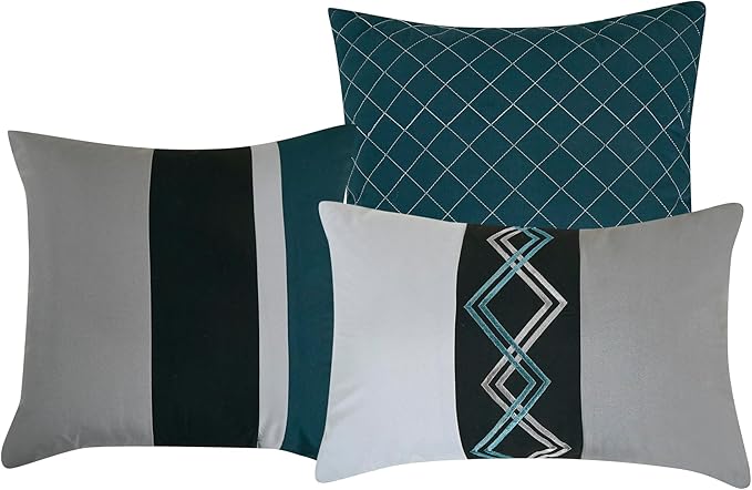 Chezmoi Collection Arden 7-Piece Modern Pleated Stripe Embroidered Zigzag Bedding Comforter Set (King, Teal/Black/Gray)
