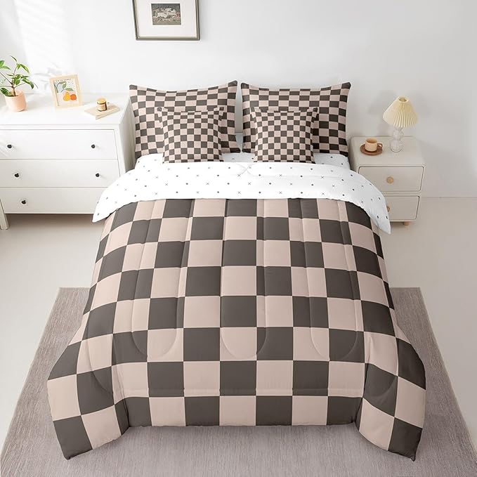 Feelyou Checkered Retro 7 Piece Bedding Set Teen Women Men Gradient Brown Plaid Comforter Set with Sheets Twin Size Kids Boys Geometric Vintage Bed in a Bag Modern Simple Groovy Aesthetic Room Decor