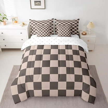 Feelyou Checkered Retro 7 Piece Bedding Set Teen Women Men Gradient Brown Plaid Comforter Set with Sheets Twin Size Kids Boys Geometric Vintage Bed in a Bag Modern Simple Groovy Aesthetic Room Decor