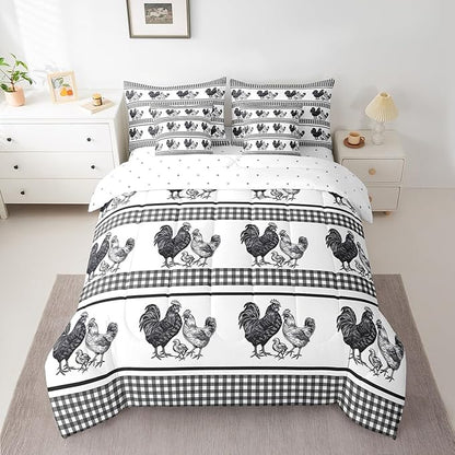 Erosebridal 7 Pcs Rooster Comforter Set Full Size,Farmhouse Animal Bed in a Bag with Flat Sheet and Fitted Sheet for Kids and Adults,Rustic Chick Family Bedding Set with Pillowcases and Cushion Cases