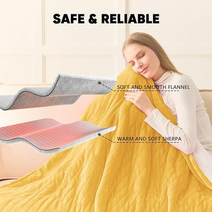 greenoak Heated Blanket Electric Queen Size 84"X90" Dual Control, Heating Blankets with 10 Levels 8 Hours Auto-Off, Soft Flannel Fluffy House Warming Gifts for Grandma Seniors Mom,Ginger Yellow