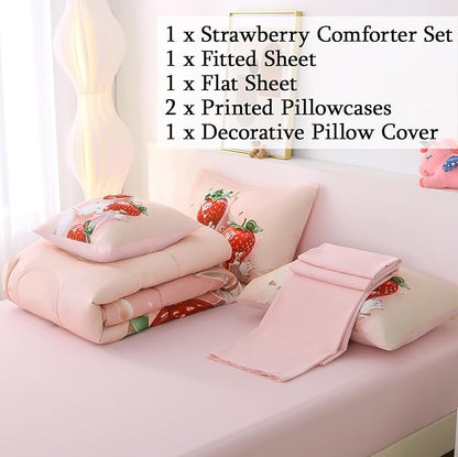 JQinHome Full Strawberry Themed Comforter Sets for Girls,6 Piece Bed in A Bag - All Season Soft Microfiber Strawberry Bedding Set, with Sheet Sets