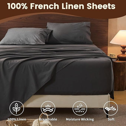 100% Linen Sheet Set King Size Extra Deep Pocket Fits 18-24 Inch Mattress, Breathable & Soft, Smooth 6-Piece Set for Thick Mattresses Hotel Luxury Bedding（King, Dark Grey）