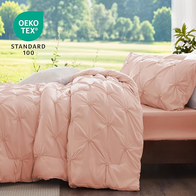BEDELITE Dusty Pink Comforter Set Full - 3 Peices Boho Pintuck Bedding Comforter Sets, Lightweight Soft & Warm Twin Bedding Sets with 2 Pillowcase for All Season