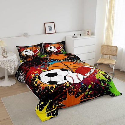 Feelyou Rugby Sports Comforter Set King Size Baseball Comforter for Boys Girls Teens Basketball Bedding Set Football Duvet Set Room Decor Multiful Mixed Ball Quilt Set