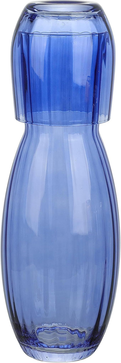 American Atelier 40 oz Bedside Water Carafe with Tumbler – 2-Piece Ribbed Glass Night Pitcher with Cup Lid for Nightstand, Guest Room & Office, Stylish & Durable Drinkware (Cobalt Blue)