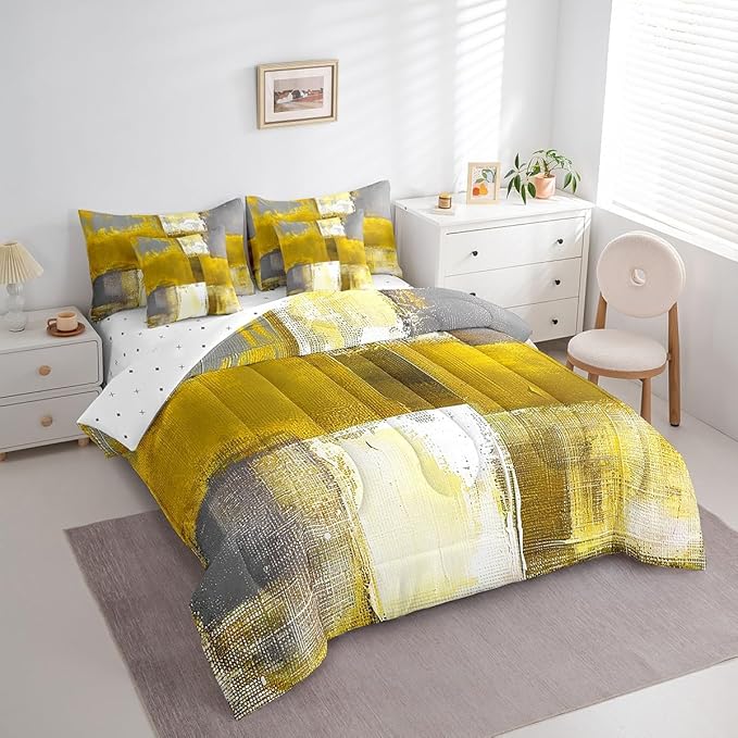 Erosebridal Yellow White Gray Bedding Twin Size 7-Piece Oil Painting Comforter Set, Ombre Gradient Bed in a Bag with Flat Sheet and Fitted Sheet Graffiti Abstract Bedding Comforter Sets