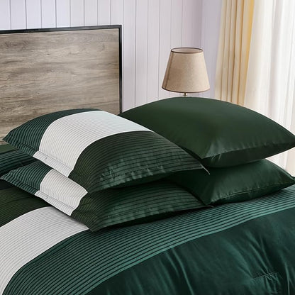 Anibedding Dark Green Comforter Set Queen, 7 Piece Green Striped Bed in a Bag, Soft Microfiber All Season Bedding Set with Comforter, Sheets, Pillowcases & Shams