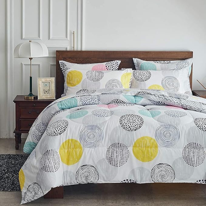6 Pieces Comforter Sheet Set Twin Size Bed in a Bag - Colorful Dots Style - Soft Microfiber, Spring Soft Bedding Set (1 Comforter, 2 Pillow Shams, 1 Flat Sheet, 1 Fitted Sheet, 1 Pillowcases)