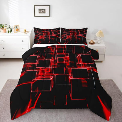 Erosebridal Fire Red and Black Kids Comforter Set Queen, Modern Geometric Square Bedding for Boys Girls Gradient Neon Light Honeycomb Duvet Set Soft Microfiber Quilt with 2 Pillowcases