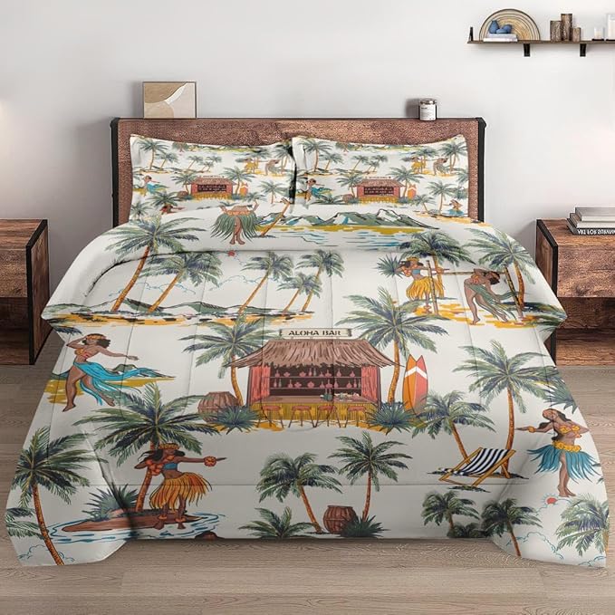 Comforter Set Twin Size, Summer Tropical Hawaii Soft 2 Pcs Bedding for Kids and Adults, Beach Hawaiian Palm Tree Leaf Comforter Set with Pillowcase, for Bedroom Bed Decor