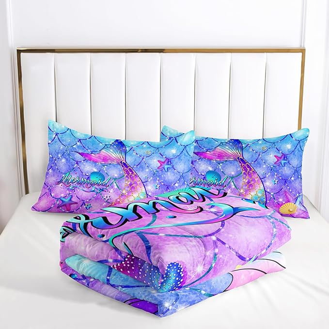 Colorful Mermaid Tail Comforter Sets King，Bedding Sets for Kids,Kids Fish Scales Comforter Sets All Season 1 Comforter and 2 Pillowcases