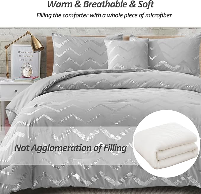 Menghomeus Grey and Silver Comforter Set King Metallic Print Geometric Bed Comforter 4 Piece Soft Microfiber Bedding for Teen Girls Boys Women (2 Pillow Shams + 1 Decorative Pillow Sham)
