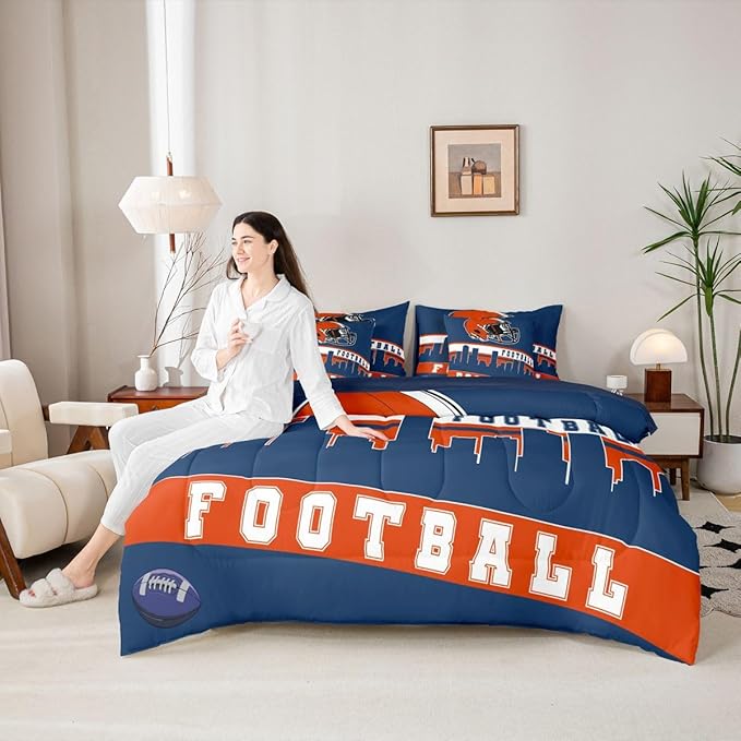 Erosebridal Football City 7 Pcs Comforter Set King Football Bedding for Boys Girls Blue Orange Rugby Game Sheet Set Bed in A Bag Football Fans Bedroom Decor Sports Ball Team Bed Set