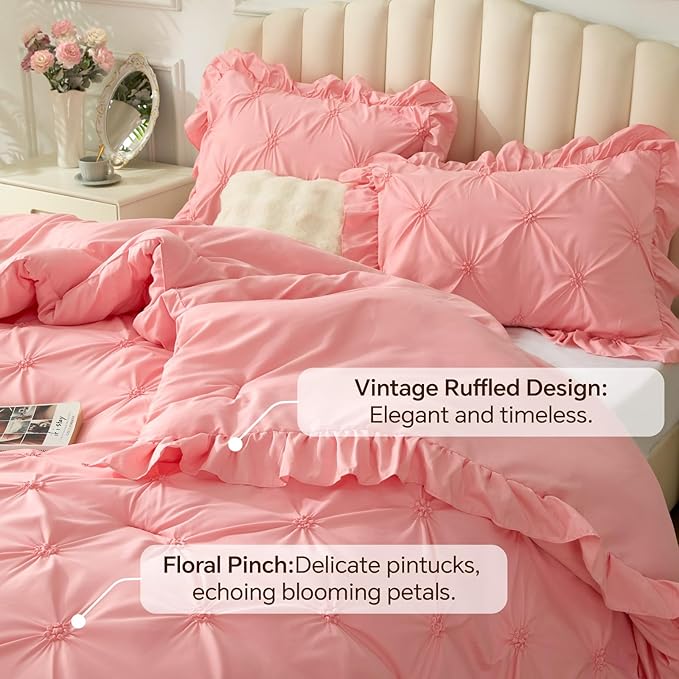 BEDELITE Pink King Size Comforter Set - 3 Pieces Boho Ruffle Pintuck Bedding Comforter Sets, Lightweight Soft & Warm King Bedding Set with 2 Pillowcases for All Season
